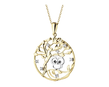 Zawieszka z żółtego złota z diamentami - drzewko, sowa - 0,05 ct - próba 585