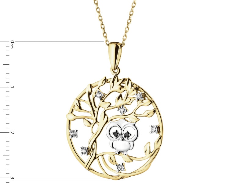 Zawieszka z żółtego złota z diamentami - drzewko, sowa - 0,05 ct - próba 585