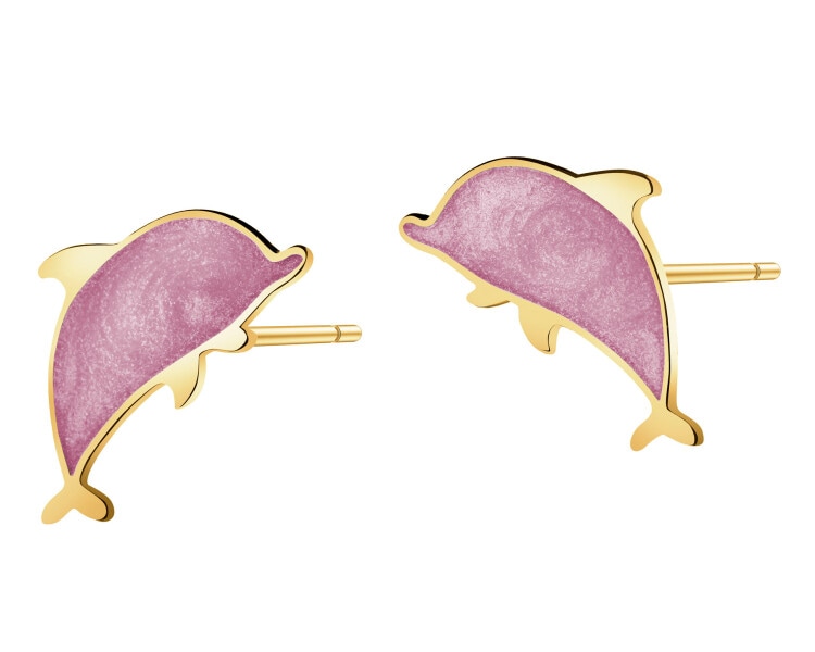 Złote kolczyki z emalią - delfiny