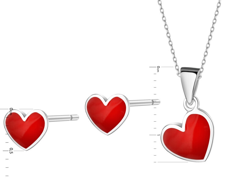 Srebrne kolczyki i zawieszka z emalią - komplet - serca