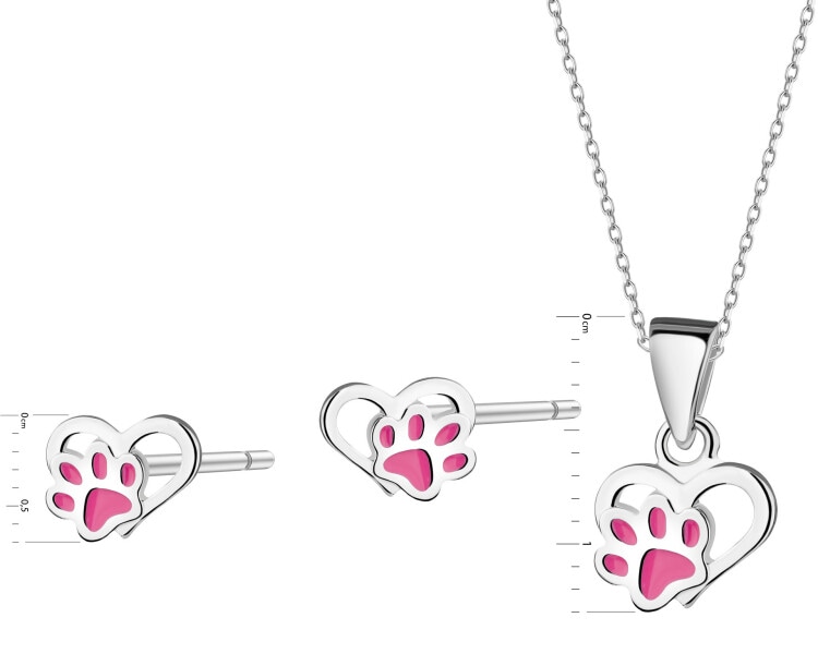 Srebrne kolczyki i zawieszka z emalią - komplet - serca, łapki