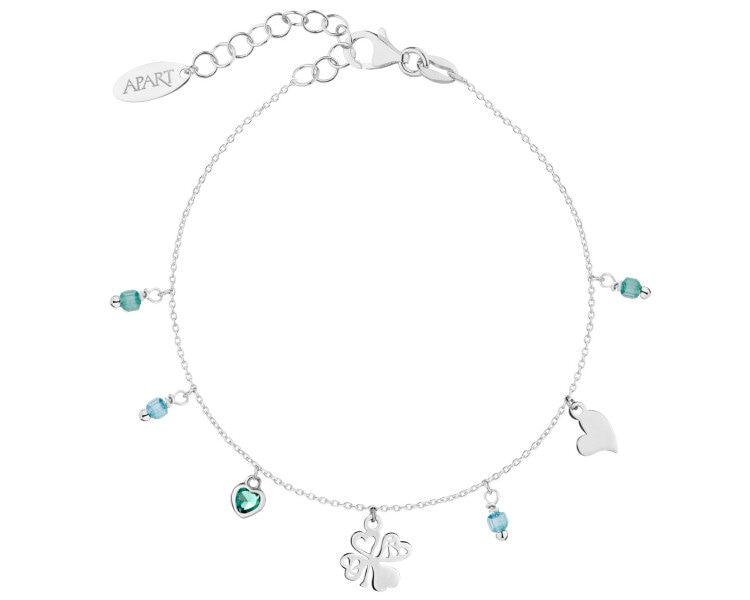 Bransoletka srebrna na nogę, cyrkonie - serca, koniczyna