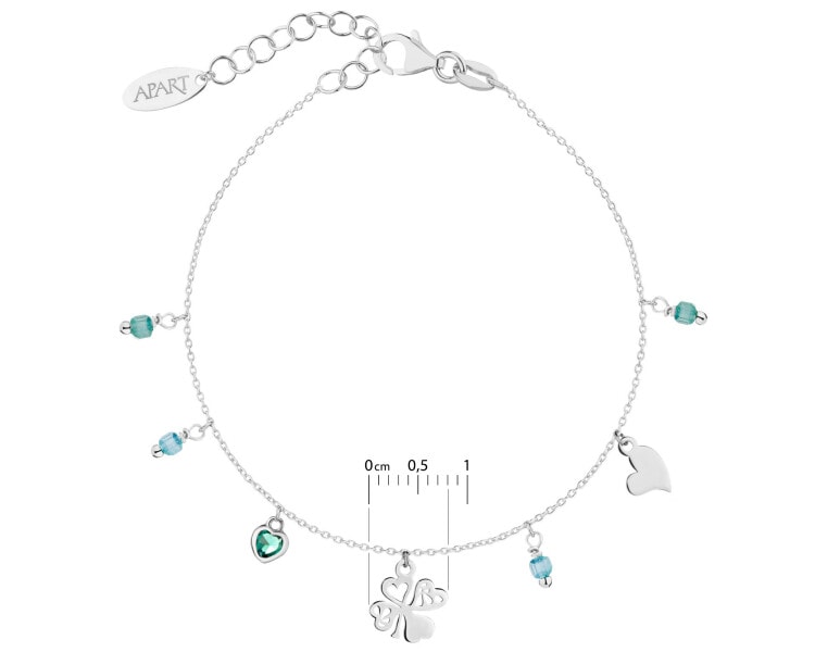 Bransoletka srebrna na nogę, cyrkonie - serca, koniczyna