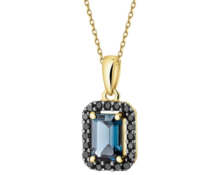 Zlatý přívěsek s černými brilianty a topazem London Blue - ryzost 585