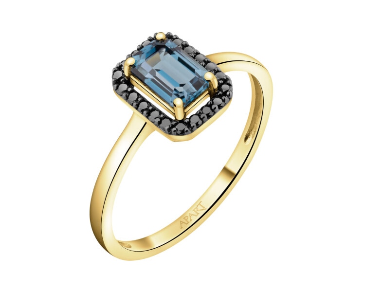 Zlatý prsten s černými brilianty a topazem London Blue - ryzost 585