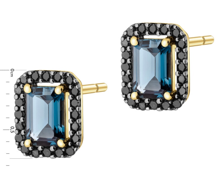 Kolczyki z żółtego złota z czarnymi brylantami i topazami London Blue - próba 585