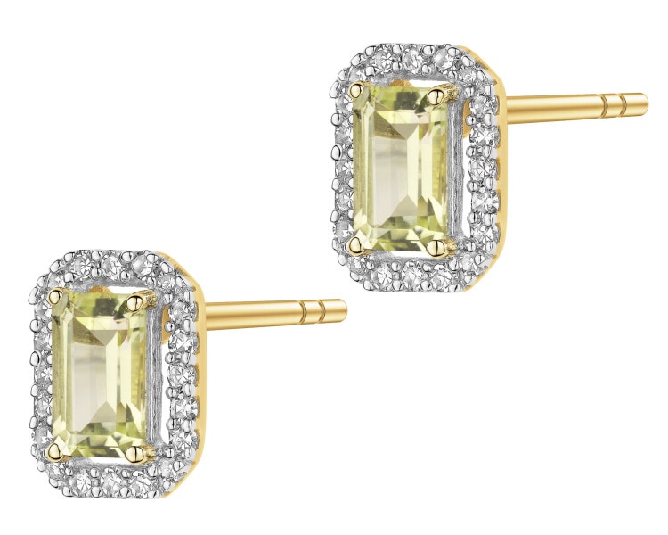 Zlaté náušnice s diamanty a křemenem Lemon - ryzost 585