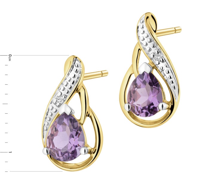 Kolczyki z żółtego złota z diamentami i ametystami - próba 585