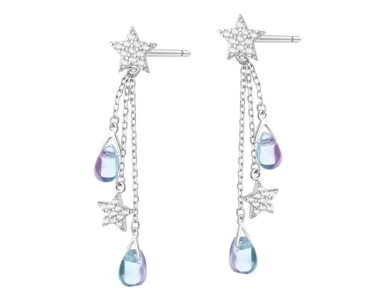 Kolczyki srebrne z cyrkoniami i szlifowanym szkłem - gwiazdy