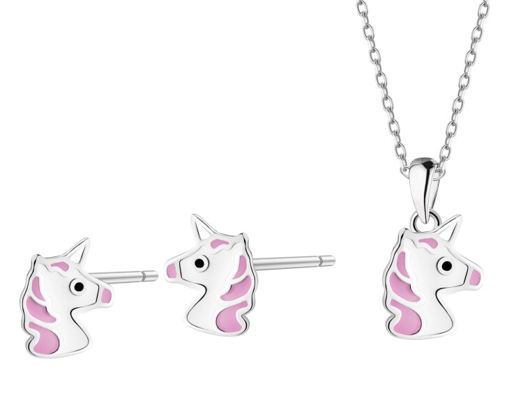 Srebrne kolczyki i zawieszka z emalią - komplet - jednorożce