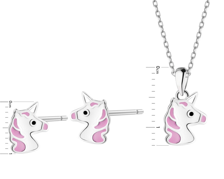 Srebrne kolczyki i zawieszka z emalią - komplet - jednorożce