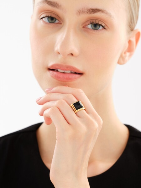 Gold-Plated Brass Signet Ring with Agate