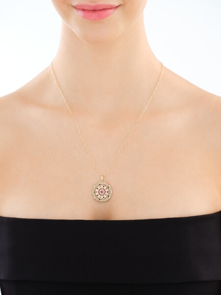 Złota zawieszka z cyrkoniami i łańcuszek - komplet - rozeta