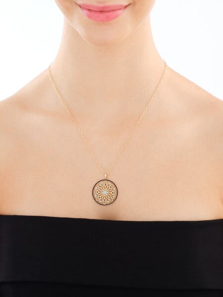 Złota zawieszka z cyrkoniami i łańcuszek - komplet - rozeta