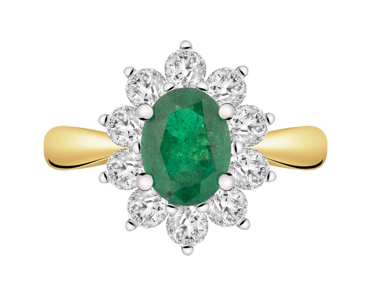 Yellow and white gold ring with brilliants and emerald - fineness 585