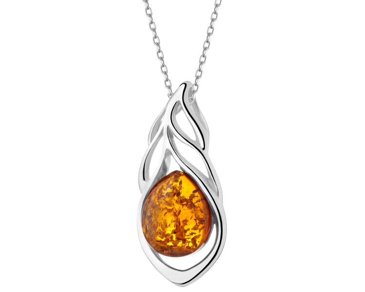 Zawieszka srebrna z bursztynem - piórko