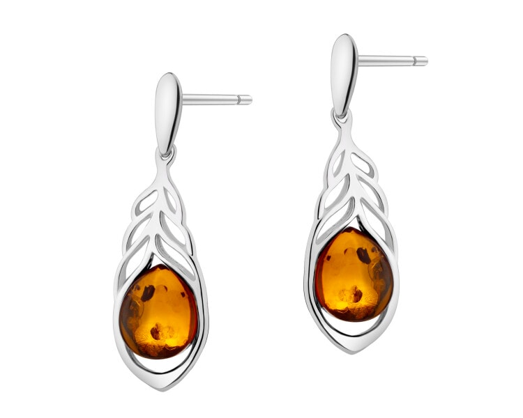Kolczyki srebrne z bursztynem - piórka