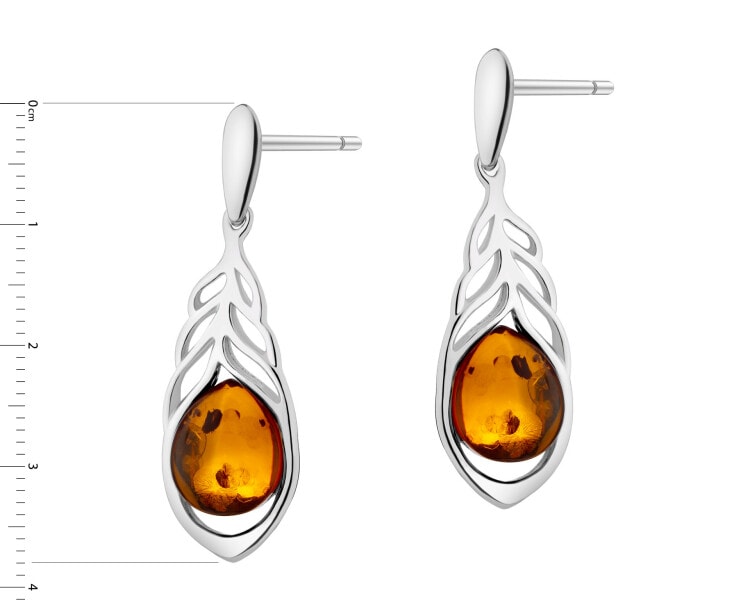 Kolczyki srebrne z bursztynem - piórka