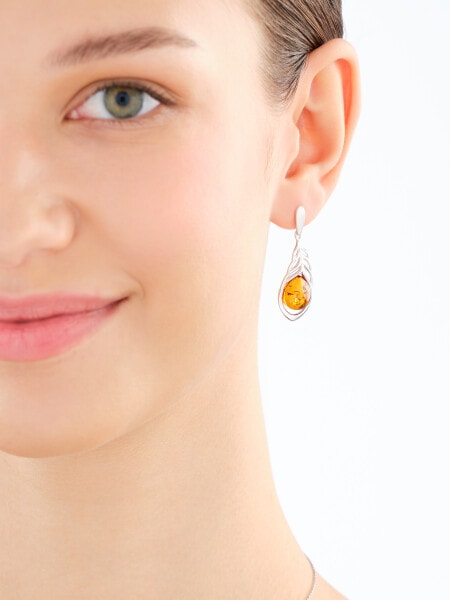 Kolczyki srebrne z bursztynem - piórka