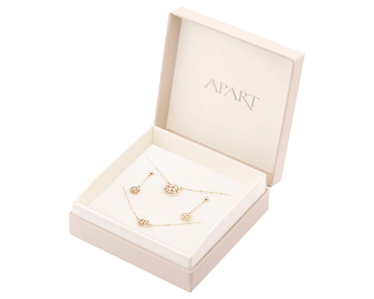 Złote kolczyki, bransoletka i naszyjnik z emalią - komplet - serca