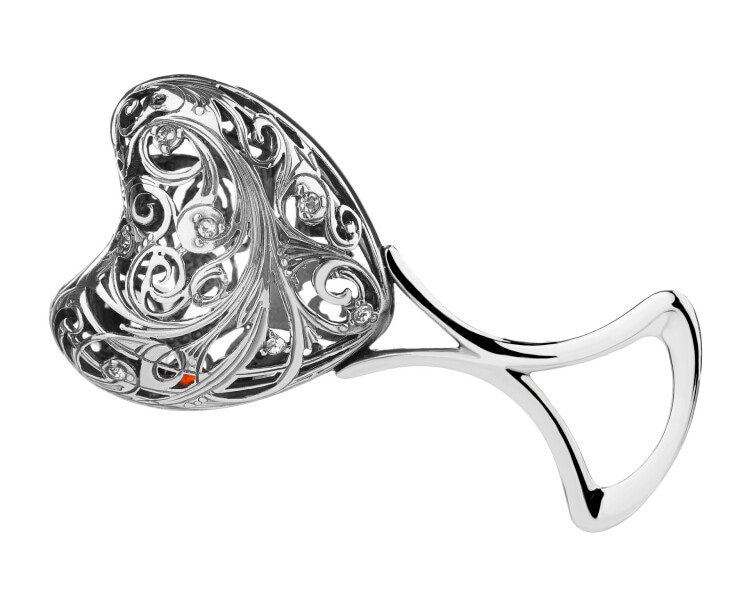 Grzechotka srebrna z cyrkoniami i bursztynem - serce