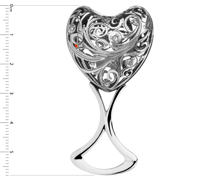 Grzechotka srebrna z cyrkoniami i bursztynem - serce