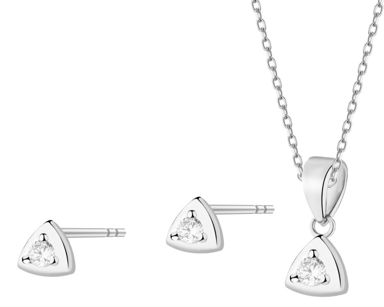 Stříbrné náušnice a přívěsek se zirkony - souprava - trojúhelníky