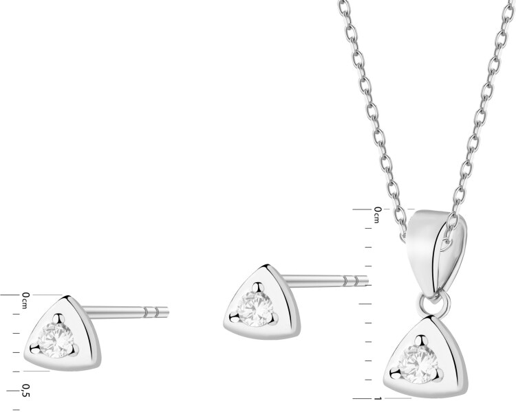 Stříbrné náušnice a přívěsek se zirkony - souprava - trojúhelníky