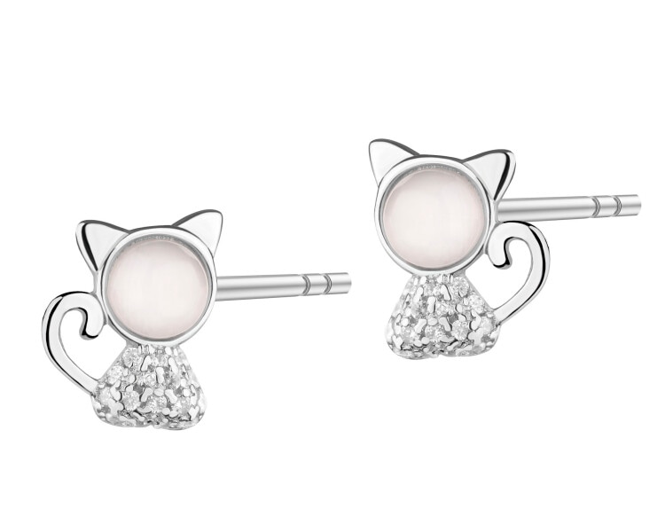 Kolczyki srebrne z cyrkoniami i masą perłową - koty