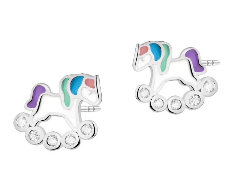 Kolczyki srebrne z cyrkoniami i emalią - jednorożce