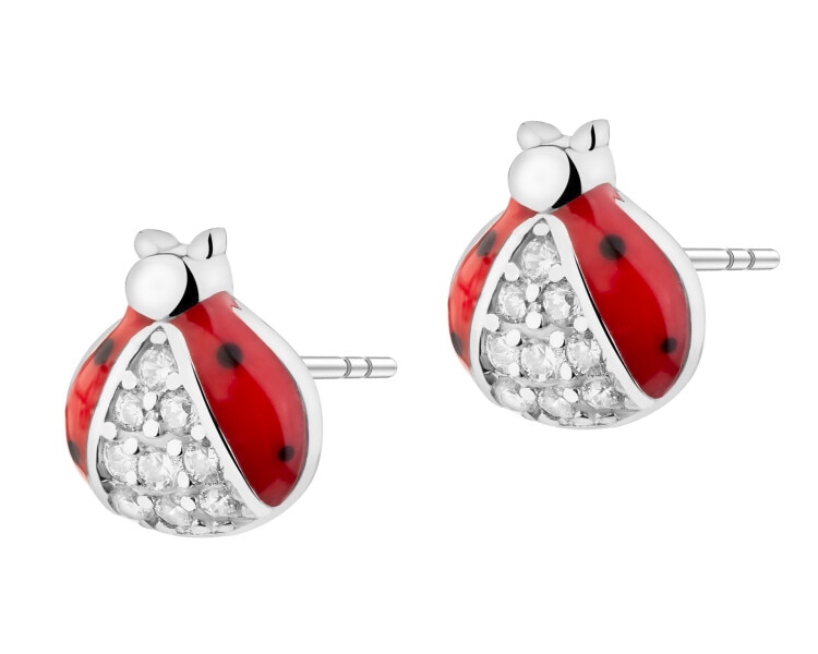 Kolczyki srebrne z cyrkoniami i emalią - biedronki