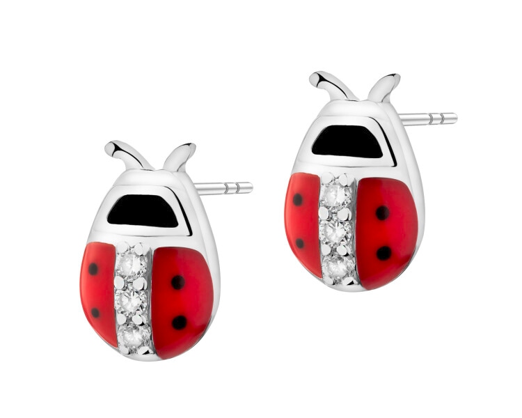 Kolczyki srebrne z cyrkoniami i emalią - biedronki