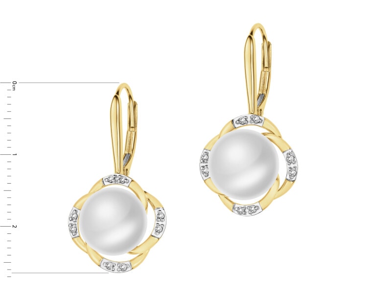 Kolczyki z żółtego złota z diamentami i perłami - próba 585