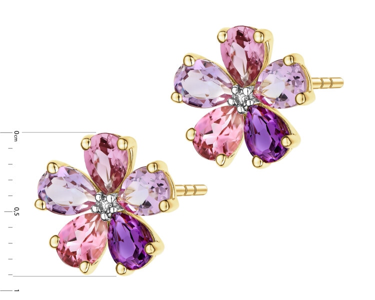 Kolczyki z żółtego złota z diamentami i kamieniami ozdobnymi - kwiaty - próba 375