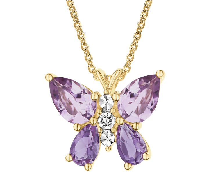 Naszyjnik z żółtego złota z diamentem i ametystami - motyl - próba 375