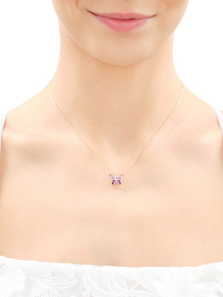 Naszyjnik z żółtego złota z diamentem i ametystami - motyl - próba 375