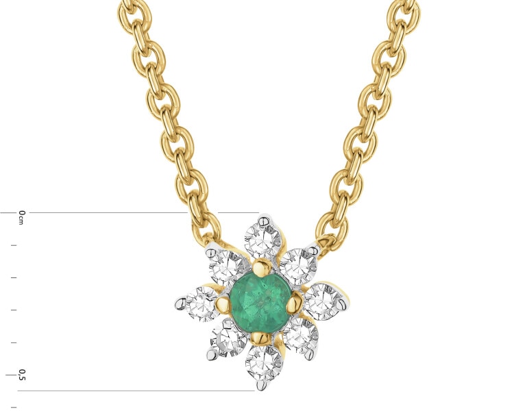 Naszyjnik z żółtego złota z diamentami i szmaragdem - kwiat - próba 585