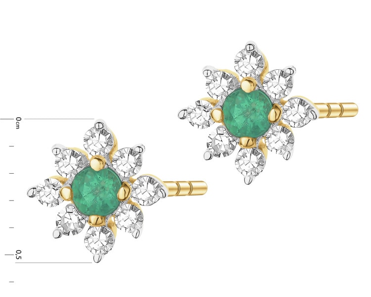 Kolczyki z żółtego złota z diamentami i szmaragdami - kwiaty - próba 585