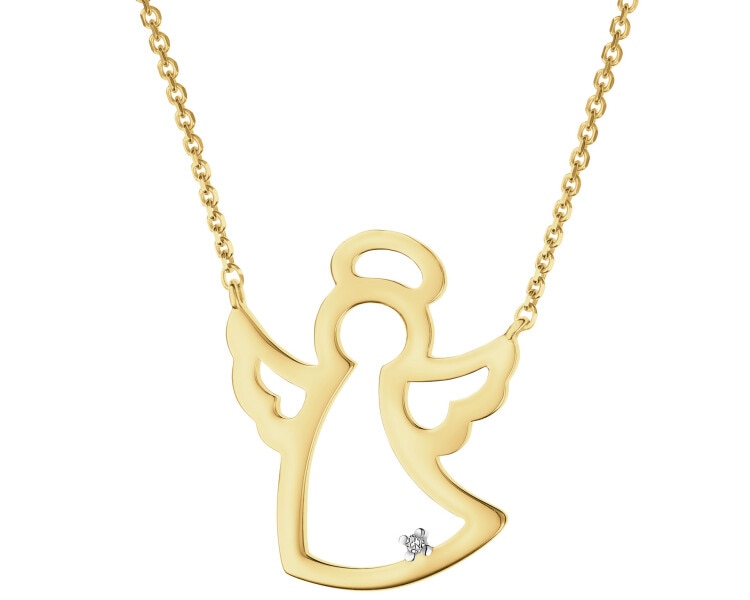 Naszyjnik z żółtego złota z diamentem - aniołek - 0,002 ct - próba 375