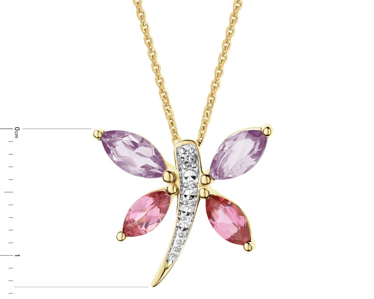 Naszyjnik z żółtego złota z diamentem i kamieniami ozdobnymi - ważka - próba 375