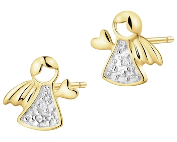 Kolczyki z żółtego złota z diamentami - aniołki - 0,008 ct - próba 585