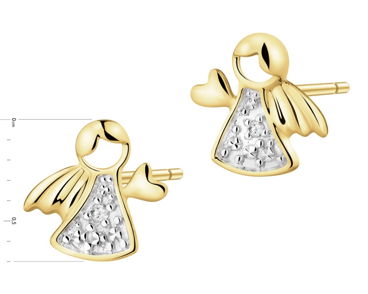 Kolczyki z żółtego złota z diamentami - aniołki - 0,008 ct - próba 585