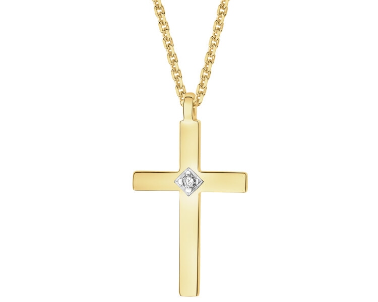 Naszyjnik z żółtego złota z diamentem - krzyż - 0,004 ct - próba 375