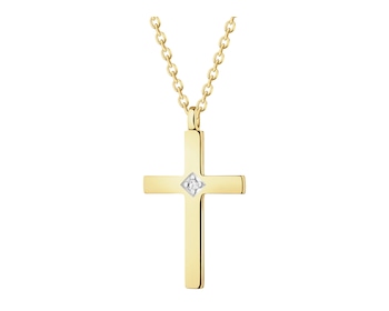 Naszyjnik z żółtego złota z diamentem - krzyż - 0,004 ct - próba 585