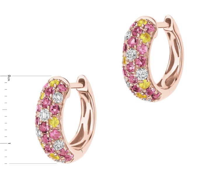 Kolczyki z różowego złota z brylantami, kamieniami szlachetnymi i ozdobnymi - koła - próba 585