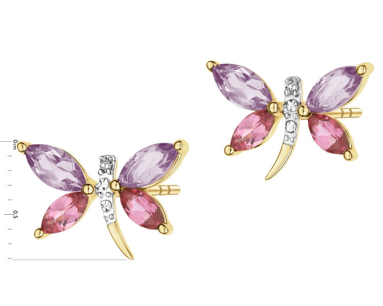 Kolczyki z żółtego złota z diamentami i kamieniami ozdobnymi - ważki - próba 375