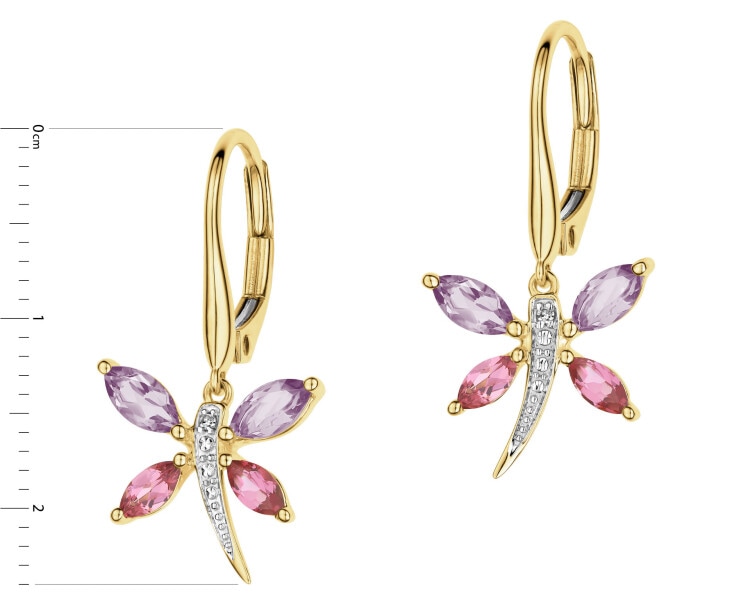 Kolczyki z żółtego złota z diamentami i kamieniami ozdobnymi - ważki - próba 375