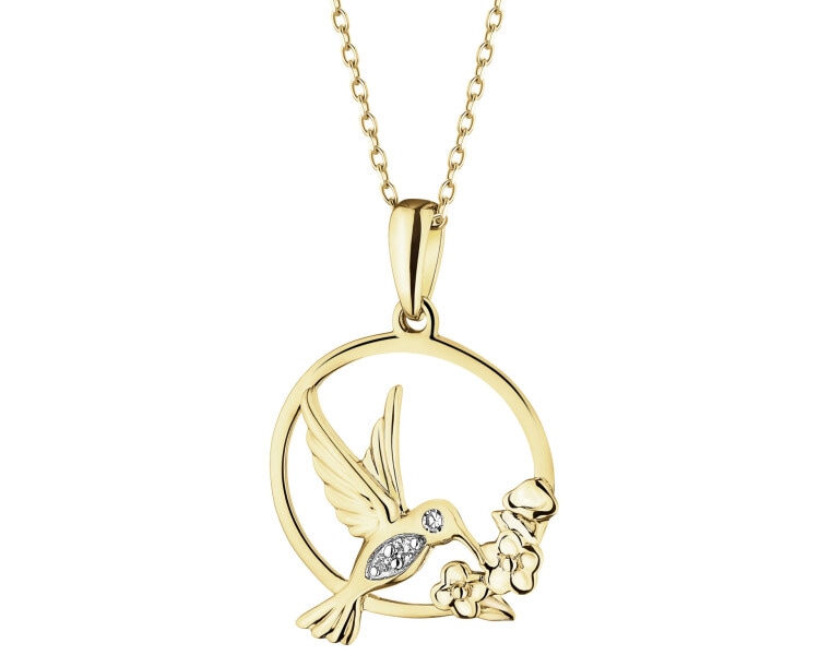 Zawieszka z żółtego złota z diamentami - koliber, kwiaty - 0,01 ct - próba 375