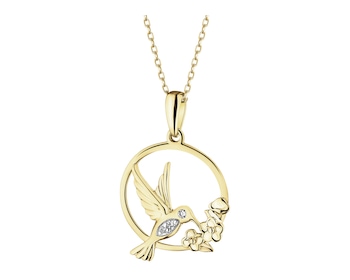 Zawieszka z żółtego złota z diamentami - koliber, kwiaty - 0,01 ct - próba 375
