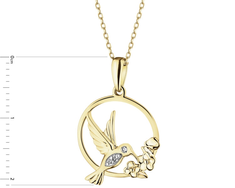 Zawieszka z żółtego złota z diamentami - koliber, kwiaty - 0,01 ct - próba 375